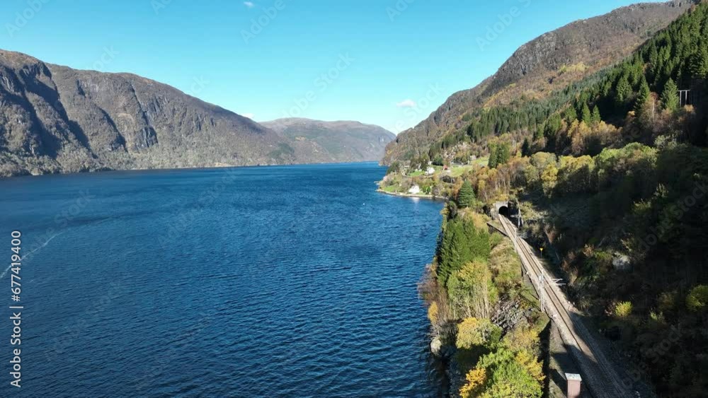 Bergensbanen railway in Fossmark, Norway, Beautiful sunny autumn aerial Bergensbanen railway in Fossmark, Norway, Beautiful sunny autumn aerial