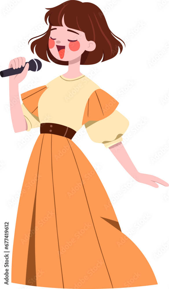 Girl in a dress happily singing into a microphone Girl in a dress happily singing into a microphone