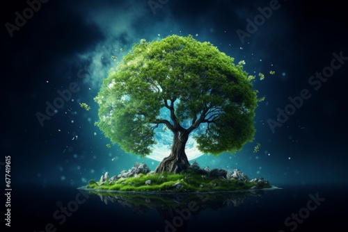 Triumph Over Global Challenges. A Serene World Awakens with a Majestic Green Tree and Moon
