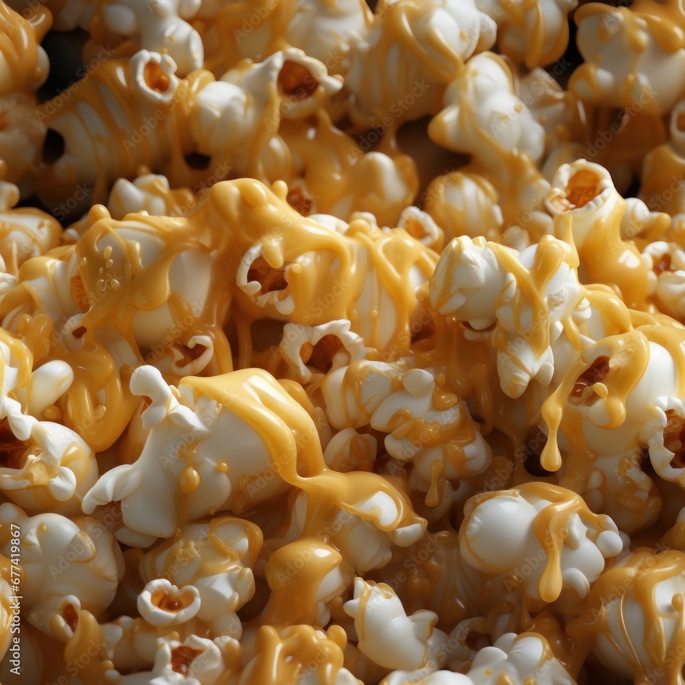A playful seamless pattern tile design depicting realistic caramel popcorn, with its golden and sticky clusters A playful seamless pattern tile design depicting realistic caramel popcorn, with its golden and sticky clusters