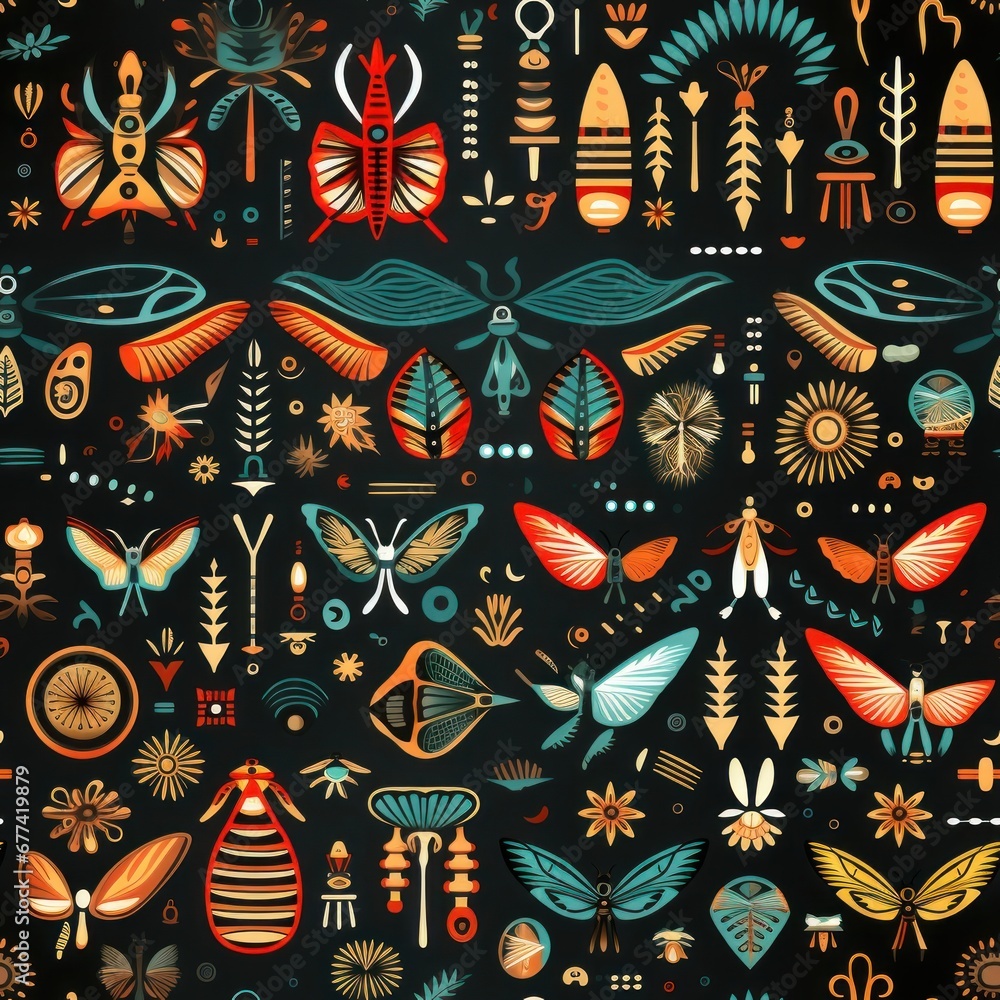 A seamless pattern tile design in Aztec style showcasing intricate insect motifs, honoring the diversity and beauty of the insect kingdom A seamless pattern tile design in Aztec style showcasing intricate insect motifs, honoring the diversity and beauty of the insect kingdom