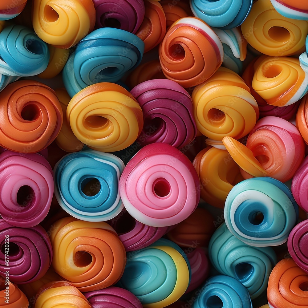 An appetizing seamless pattern tile design featuring realistic fruit-flavored swirl candies, capturing their twisted and colorful appearance