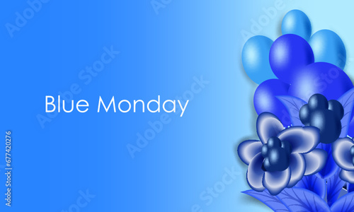 Blue Monday design illustration with blue gradient, light blue balloons and flowers
