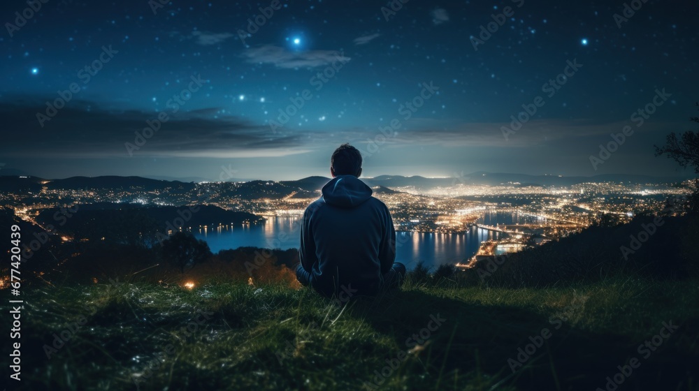 Meditation, harmony, life balance, and mindfulness concepts.A man sitting on a hill with grasses, meditating in silence, with the landscape of a city and starry night sky.