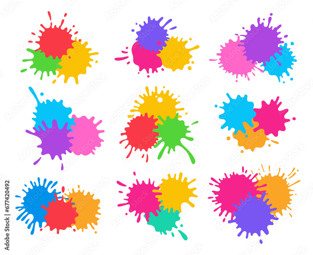 Splash and splatter paint shape colorful cartoon set. Stain splat flat collection, shapes liquids drop icon splatter. Different splashes and drops colored ink collection. Isolated vector illustration Splash and splatter paint shape colorful cartoon set. Stain splat flat collection, shapes liquids drop icon splatter. Different splashes and drops colored ink collection. Isolated vector illustration