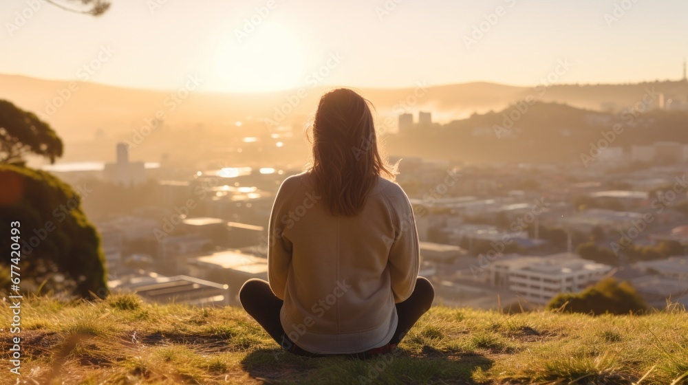 Meditation, harmony, life balance, and mindfulness concepts.A woman sitting on a hill with grasses, meditating in silence, with the landscape of a city and bright morning sky. Meditation, harmony, life balance, and mindfulness concepts.A woman sitting on a hill with grasses, meditating in silence, with the landscape of a city and bright morning sky.
