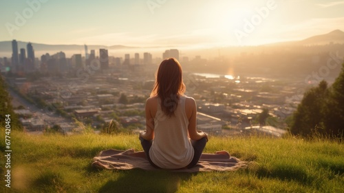 Wallpaper Mural Meditation, harmony, life balance, and mindfulness concepts.A woman sitting on a hill with grasses, meditating in silence, with the landscape of a city and bright morning sky. Torontodigital.ca