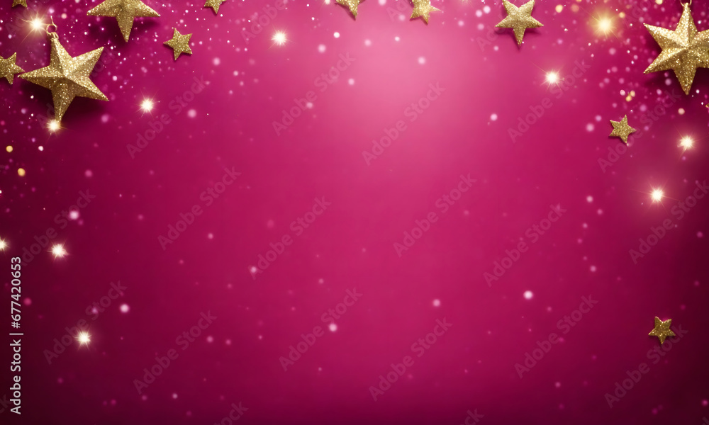 Abstract Christmas banner background. Small shining glitter stars on magenta pink background with bokeh effect Abstract Christmas banner background. Small shining glitter stars on magenta pink background with bokeh effect