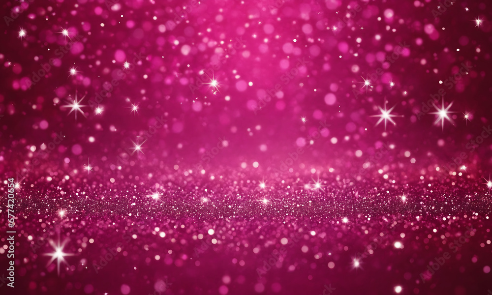 Obraz premium Abstract Christmas banner background. Small shining glitter stars on magenta pink background with bokeh effect