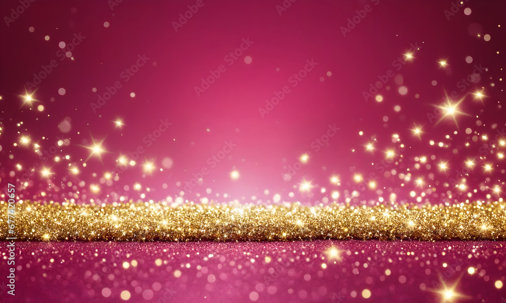 Abstract Christmas banner background. Small shining glitter stars on magenta pink background with bokeh effect