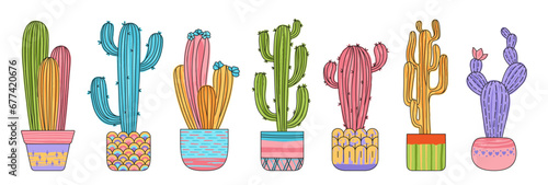 Cactus in flowerpot grungy cartoon set. Hand drawn exotic trendy textured succulent collection isolated. Various home plants mexican urban desert cacti. Houseplants paint linear vector illustration