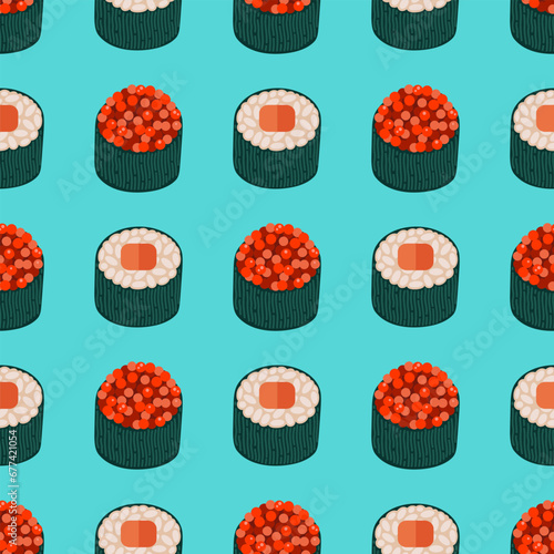 Maki sushi seamless vector pattern. Japanese rolls with raw salmon, tuna, red caviar, rice wrapped in nori seaweed. Fresh appetizer, fish delicacy. Traditional Asian seafood. Flat cartoon background