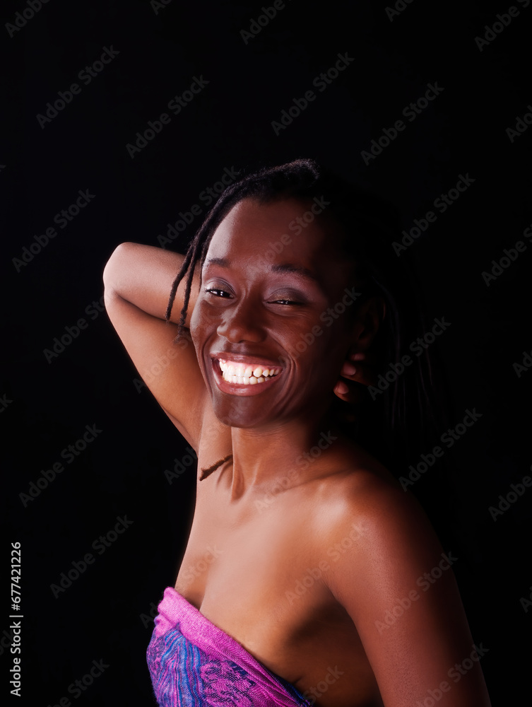 Smiling African American Woman Bare Sholder On Dark Background Smiling African American Woman Bare Sholder On Dark Background