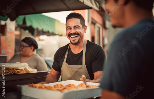 happy mexican street food worker making tacos photo