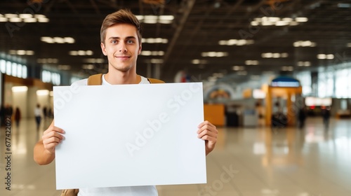 A man standing with a blank placard in arrival area at airport.