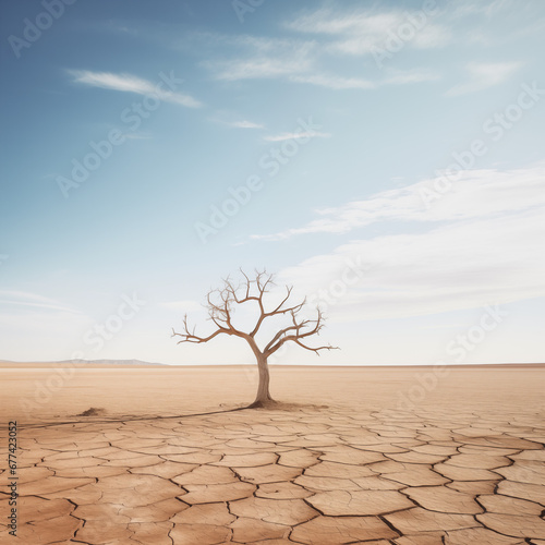 Lonely tree in the desert with cracked sand and blue sky. High quality photo