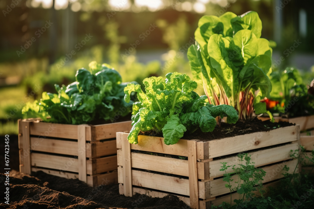 Organic farm growing vegetables in wooden crates, Generative Ai Organic farm growing vegetables in wooden crates, Generative Ai