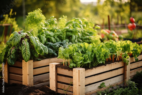 Organic farm growing vegetables in wooden crates, Generative Ai