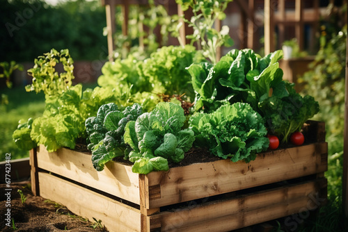 Organic farm growing vegetables in wooden crates, Generative Ai