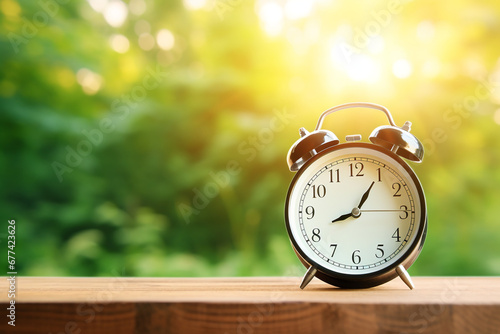 alarm clock On the old wood table morning green nature background