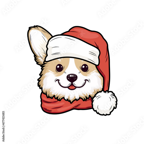 Uroczy piesek rasy corgi w czapce Świętego Mikołaja. Ilustracja świąteczna.