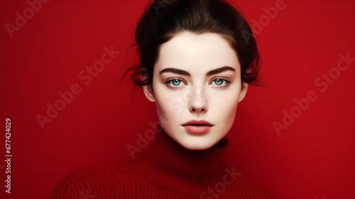Beautiful woman in winter clothes on an a red colored background