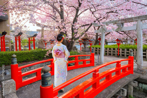 Young Japanese woman in traditional Kimono dress at Rokusonno shrine with beautiful full bloom cherry blossom in spring