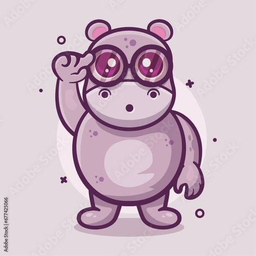 genius hippo animal character mascot with thinking expression isolated cartoon in flat style design