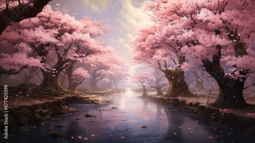 A breathtaking view of a cherry blossom avenue, with a canopy of pink petals creating a dreamlike atmosphere, japanese art style