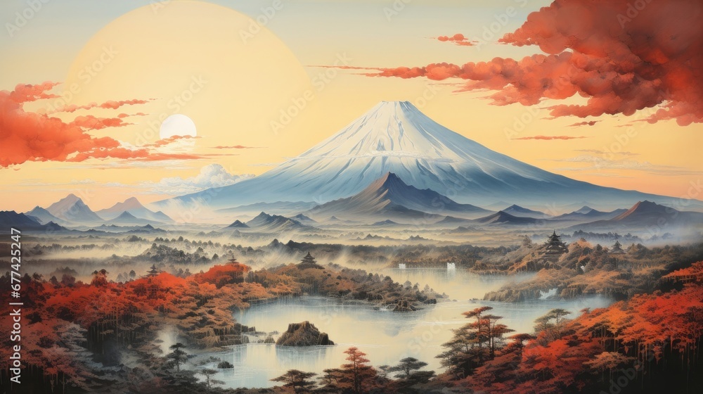 Fototapeta premium japanese art style landscape of a volcanic landscape, with steam rising from hot springs and a distant view of Mount Fuji