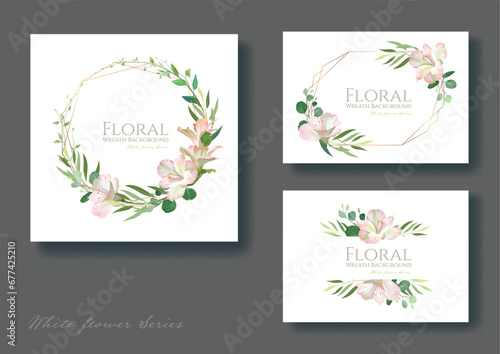 Pink aPeruvian Lily with greenery frame border on white background. Beautiful template for wedding invitation or greeting card, banner. All elements are isolated and editable. Vector.