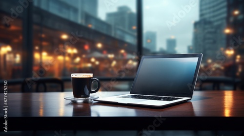 都会のオフィスでノートパソコンで仕事をしているイメージの背景 