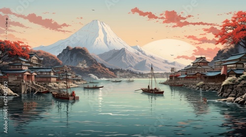 japanese art style landscape of seascape of a fishing village with traditional boats docked along the shore