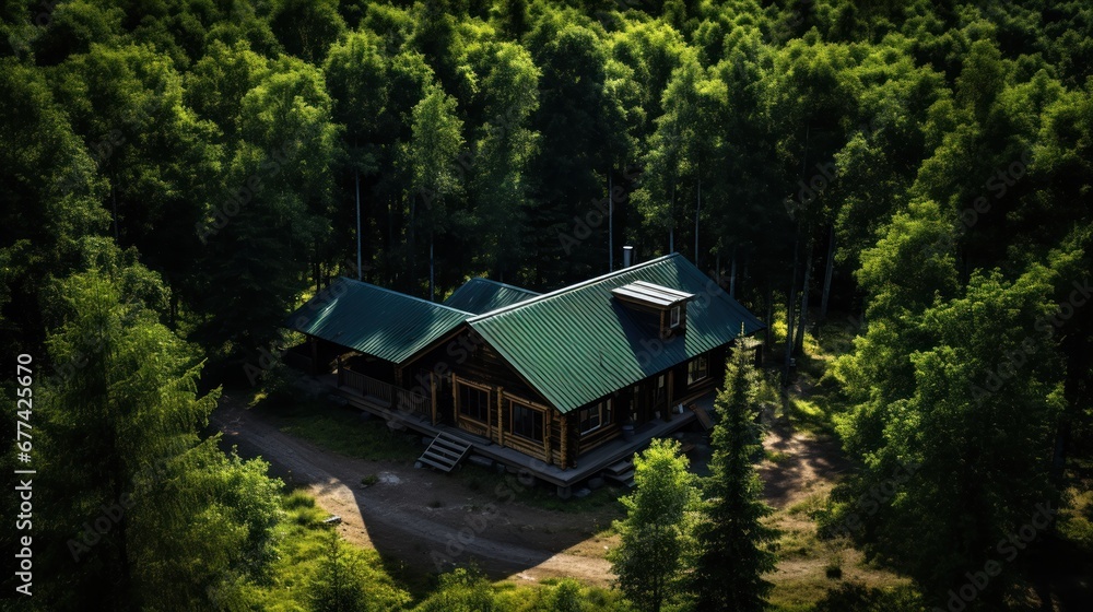 Aerial shot of a cozy cabin amidst forest trees.