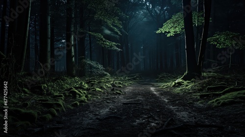 Dark forest with an open pathway through the trees.