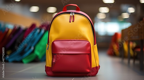 Vibrant school backpack sitting in a classroom.