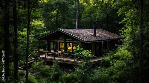 Aerial view of a small cabin hidden in dense forest greenery.