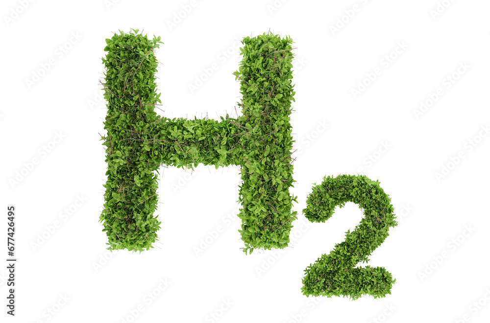 Ecology word H2 hydrogen made of grass in 3d render image symbol concept on white background Ecology word H2 hydrogen made of grass in 3d render image symbol concept on white background