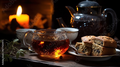 Steaming cup of tea sits beside, adding coziness to the scene.