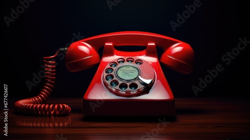 Classic red emergency rotary phone, an iconic symbol of emergency communication and vintage telephony. photo