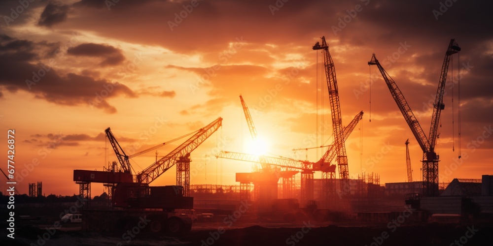 Silhouette of cranes and heavy machinery