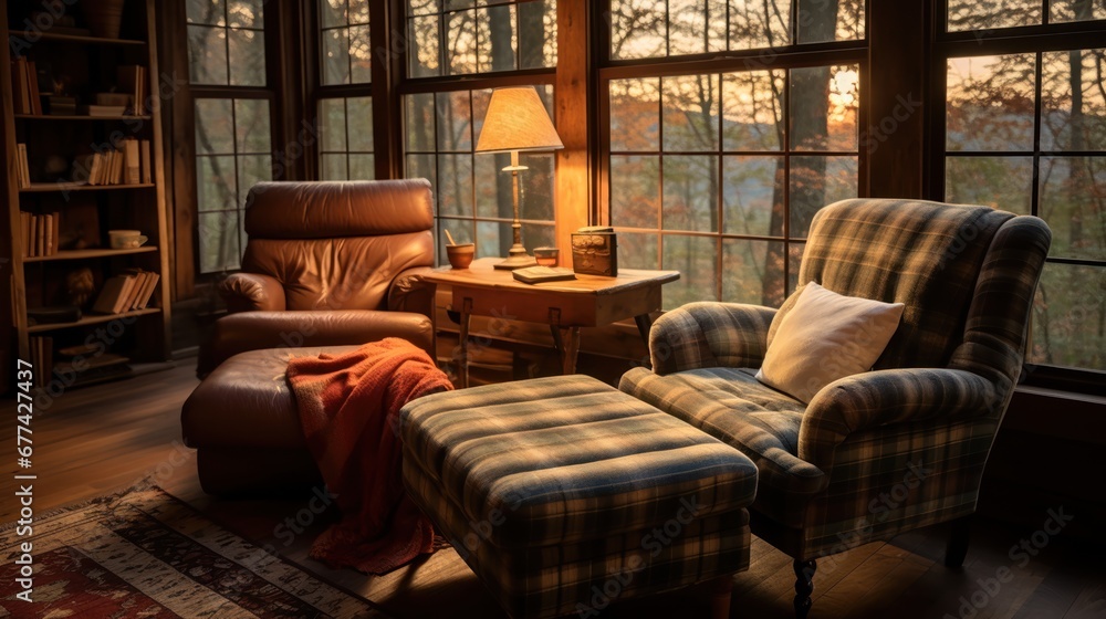 Cozy chair in a cabin-style bedroom interior.