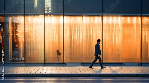 街の風景、街中を歩くスーツの日本人男性 photo