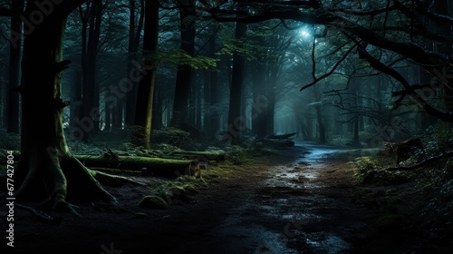 Dark forest scene with a clear path among the trees. photo