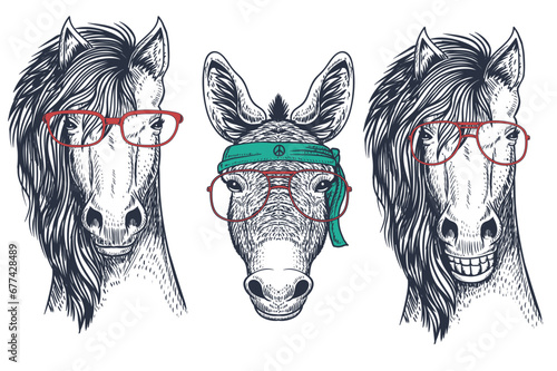 Vector Animal faces in aviator sunglasses, bandanas & hats with various themes. animals, horse, donkey collection V4