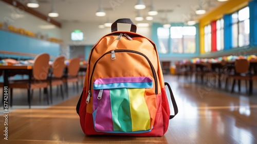 Bright backpack in a classroom, prepared for learning.