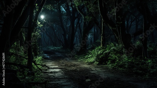 Dark forest scene with a clear path among the trees.
