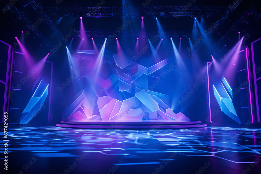 Modern dance stage light background with spotlight illuminated for modern dance production stage. Empty stage with dynamic color washes. Stage lighting art design. Entertainment show. - obrazy, fototapety, plakaty 