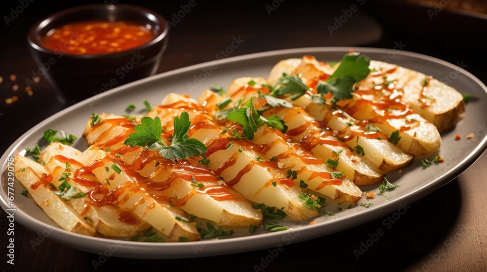 Crisp jicama slices served with sauce and honey. Crisp jicama slices served with sauce and honey.