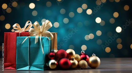Festive shopping bag and Christmas ornaments on a turquoise background.